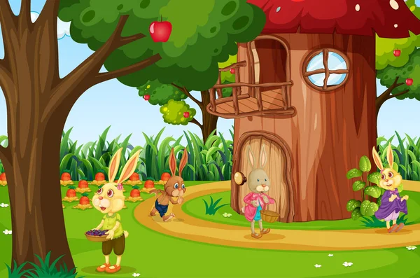 Garden Scene Many Rabbits Cartoon Character Illustration — Stock Vector