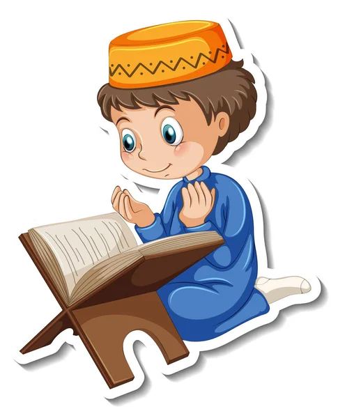 Sticker Template Muslim Boy Reading Quran Book Illustration — Stock Vector