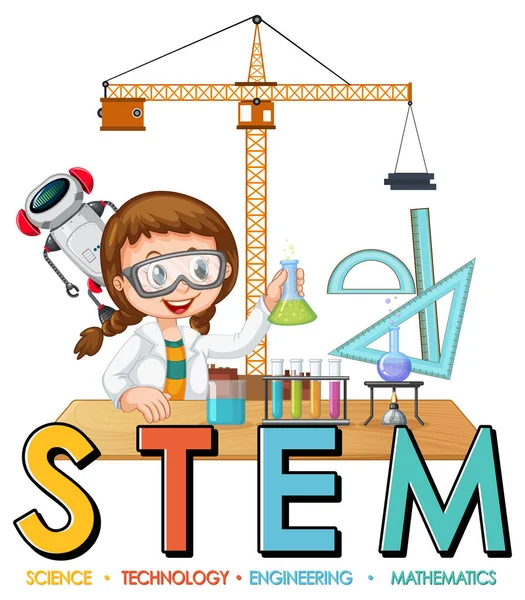 Científico Niña Personaje Dibujos Animados Con Stem Logotipo Educación Ilustración — Vector de stock