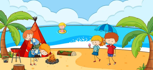 Escena Playa Con Muchos Niños Doodle Ilustración Personajes Dibujos Animados — Vector de stock