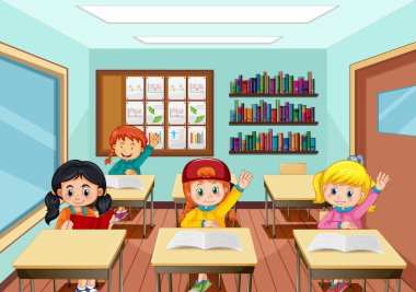 Sınıfta birçok çocuğun okuduğu bir sahne.