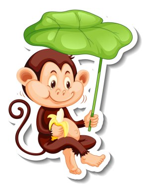 Beyaz arkaplan illüstrasyonunda yaprak tutan bir maymun ile etiket şablonu