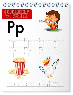 P ve p illüstrasyonlu alfabe izleme çalışma tablosu