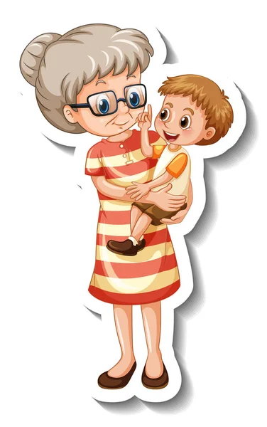 Een Sticker Sjabloon Met Een Oude Vrouw Houden Haar Kleinzoon — Stockvector