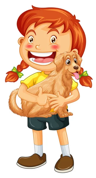 Happy Girl Cartoon Character Hugging Cute Dog Illustration — Stock Vector