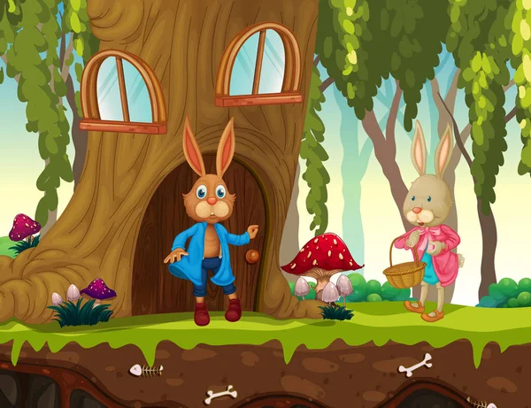 Escena Jardín Con Muchos Conejos Ilustración Personajes Dibujos Animados — Vector de stock
