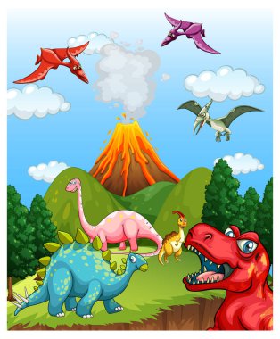 Çeşitli dinozor resimleriyle tarih öncesi manzara