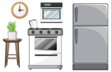 Beyaz arkaplan illüstrasyonunda iç tasarım için mutfak mobilyaları