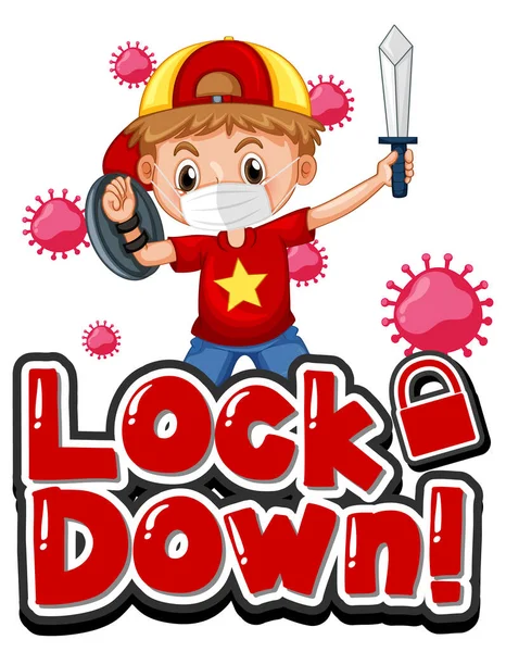 Lockdown Diseño Fuente Con Niño Con Máscara Médica Ilustración Fondo — Vector de stock