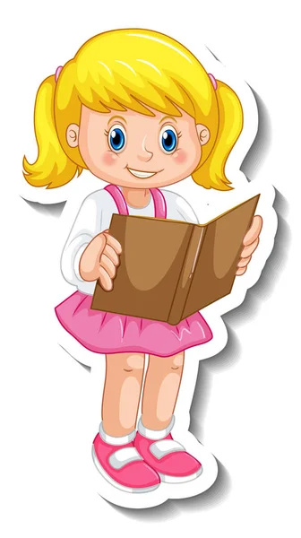 带有女童卡通人物孤立插图的贴纸模板 — 图库矢量图片