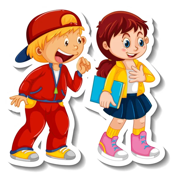 Sticker Template Couple Kids Students Cartoon Character Isolated Illustration — Stock Vector