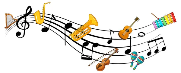 Musicalmelodie Symbole Mit Vielen Kritzelkindern Zeichentrickfigur Illustration — Stockvektor