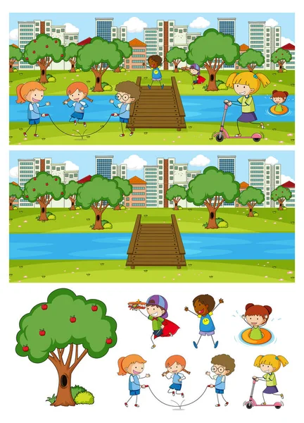 Set Different Horizontal Scenes Background Doodle Kids Cartoon Character Illustration — Stock Vector