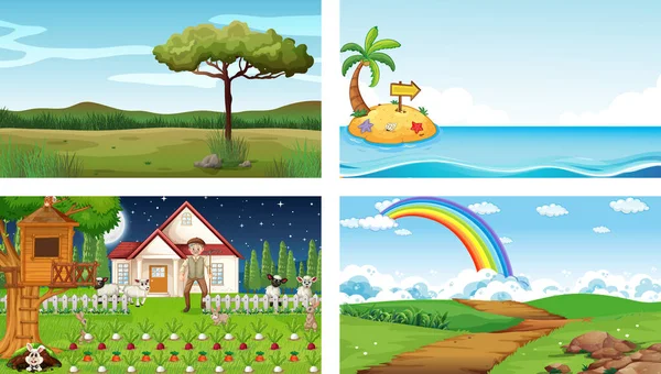 Cuatro Naturaleza Diferente Escena Horizontal Ilustración — Vector de stock