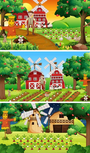 Diferentes Escenas Granja Con Ilustración Personajes Dibujos Animados Antiguos Agricultores — Vector de stock