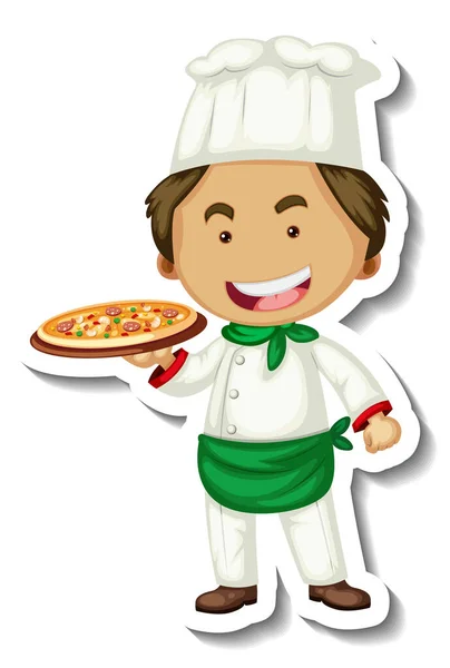 Modello Adesivo Con Uomo Chef Tiene Vassoio Pizza Illustrazione Isolata — Vettoriale Stock