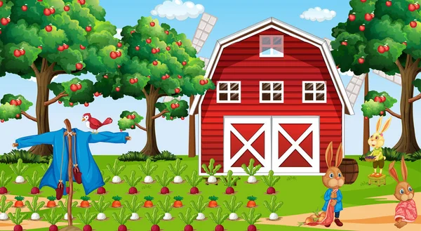 Farm Scene Daytime Rabbit Family Illustration — Stock Vector