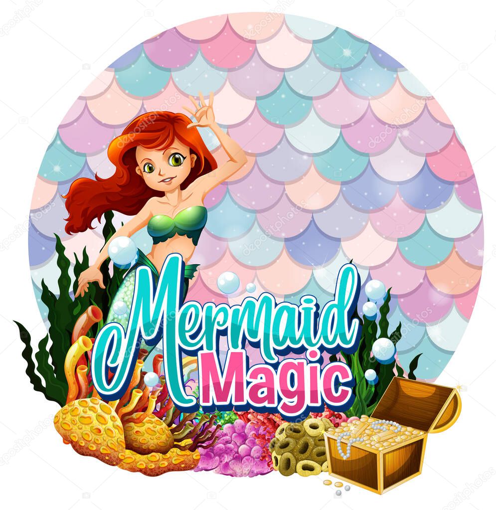 Beautiful mermaid carton character with blank pastel scales banner isolated illustration