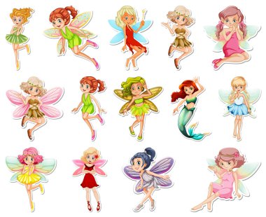 Üzerinde güzel periler ve çizgi film karakteri çizimleri olan çıkartmalar.