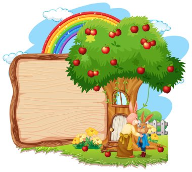 Bahçesinde iki tavşan olan boş ahşap tahta.