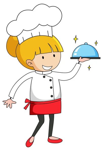 Kleine Chef Kok Serveert Voedsel Cartoon Karakter Illustratie — Stockvector