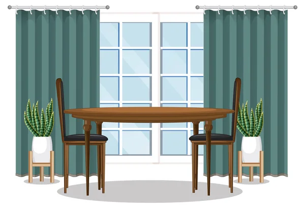 Mesa Comedor Con Ilustración Ventana Cortina Verde — Vector de stock