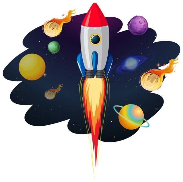 Nave Cohete Con Muchos Planetas Asteroides Ilustración — Vector de stock