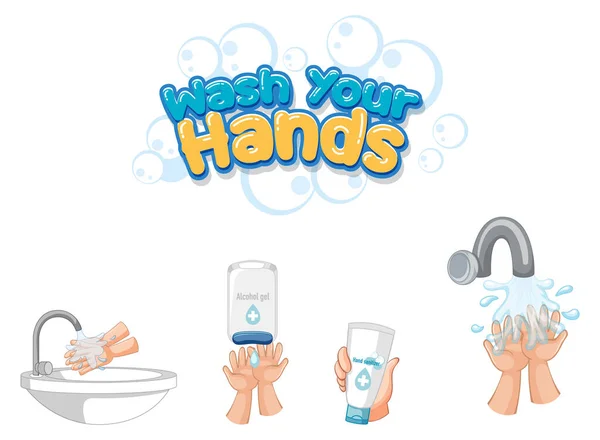 Handen Lettertype Ontwerp Met Hand Sanitizer Producten Geïsoleerd Witte Achtergrond — Stockvector