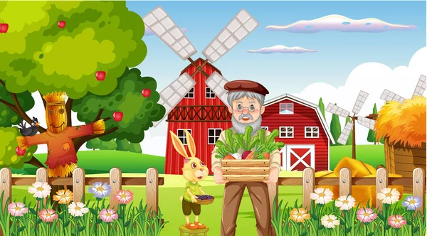 Escena Granja Con Viejo Granjero Hombre Animales Granja Ilustración — Vector de stock