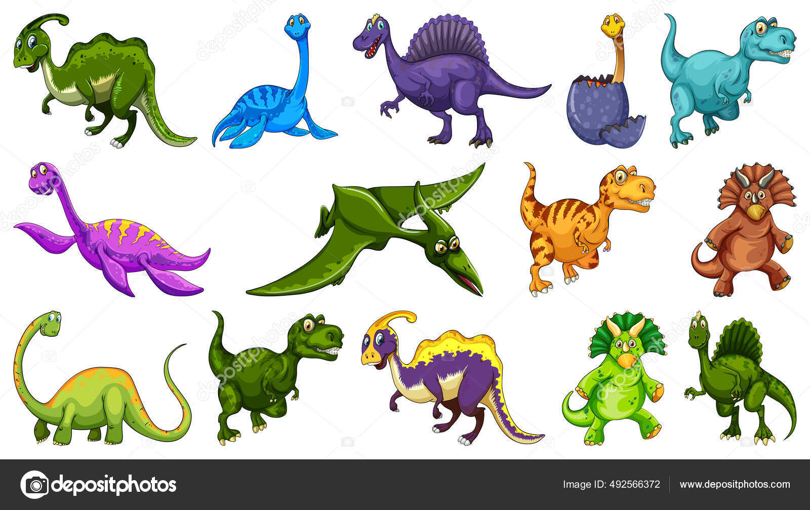 Coleção de dinossauros de desenhos animados de diferentes tipos.