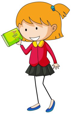 Sevimli kız elinde çizgi film karakteri çizimi tutuyor.