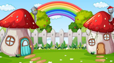 Mantar evi illüstrasyonlu doğa manzarası