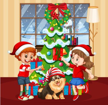 Bir sürü çocuk ve sevimli köpek resimli Noel sahnesi