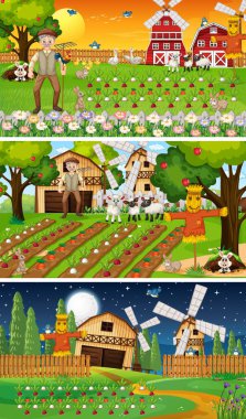 Yaşlı çiftçi ve hayvan çizgi film karakteri resimlerinin olduğu farklı çiftlik sahneleri.