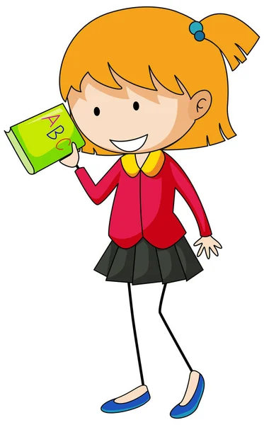 Menina Bonito Segurando Livro Doodle Desenho Animado Personagem Ilustração —  Vetores de Stock