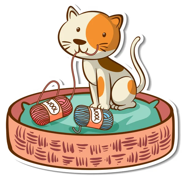 Cartoon Charakter Kočky Košíku Lůžko Nálepka Ilustrace — Stockový vektor
