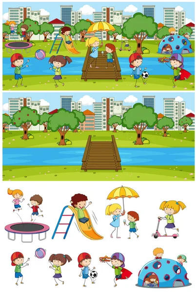 Set Different Horizontal Scenes Background Doodle Kids Cartoon Character Illustration — Stock Vector