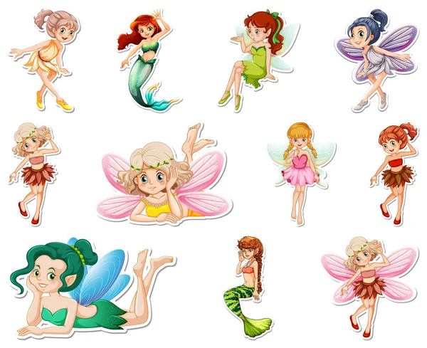 Set Stickers Beautiful Fairies Mermaid Cartoon Character Illustration — Stock Vector