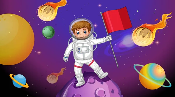 宇宙シーンのイラストで小惑星に立つ宇宙飛行士の子供 — ストックベクタ