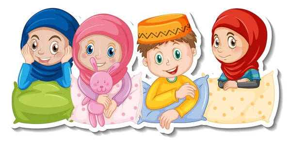 Шаблон Стикера Мусульманскими Детьми Костюмах Пижамы — стоковый вектор