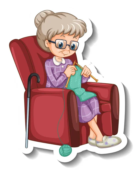 一个贴纸模板 上面有一个老太婆织毛衣 坐在沙发插图上 — 图库矢量图片