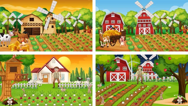 Yaşlı çiftçi ve hayvan çizgi film karakteri resimlerinin olduğu farklı çiftlik sahneleri.