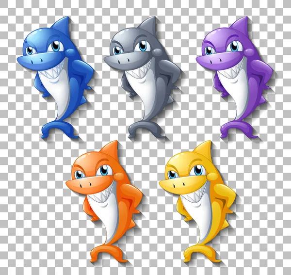 Set Many Smiling Cute Shark Cartoon Character Isolated Transparent Background — Stock Vector