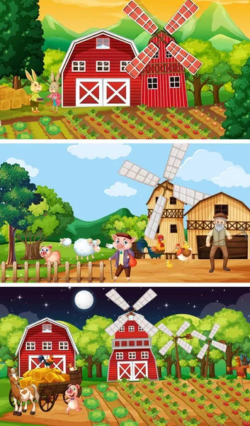 Different Farm Scenes Old Farmer Animal Cartoon Character Illustration — Stock Vector