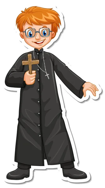 Cartoon Character Priest Holding Christian Cross Sticker Illustration — Stock Vector