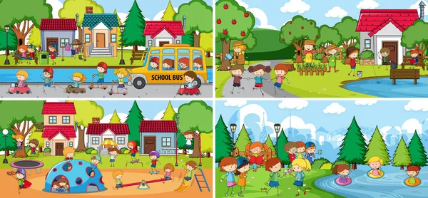 Outdoor Scene Set Many Kids Doodle Cartoon Character Illustration — Stock Vector