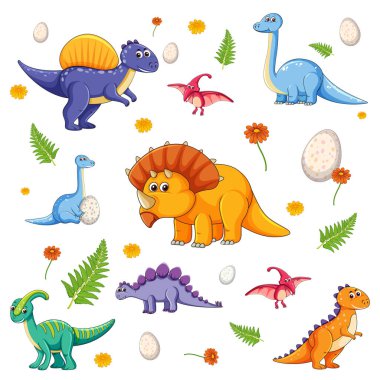 Beyaz arkaplan illüstrasyonunda çeşitli izole dinozor çizgi film karakterleri