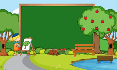 Parktaki resimde ressam bir kızın çizdiği boş bir karatahta sahnesi