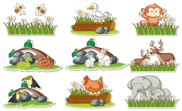 Sticker Set Avec Différents Animaux Sauvages Éléments Nature Illustration — Image vectorielle
