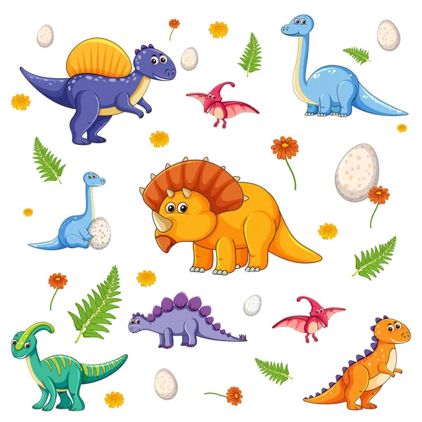 Set Isolated Various Dinosaurs Cartoon Character White Background Illustration — Stock Vector